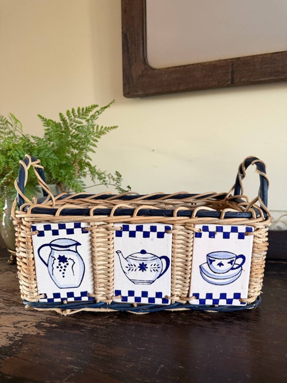 Woven Rattan Tea Motif Basket with Blue and White Tiles
